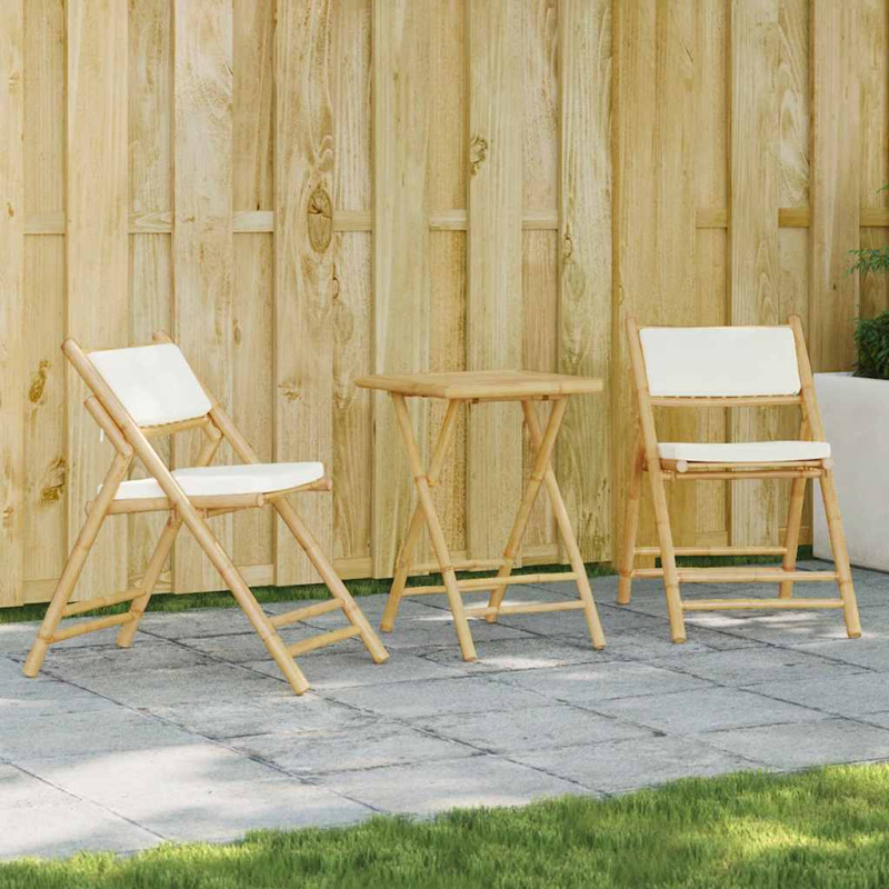 3Dílný Skládací Bistro Set S Krémově Bílými Poduškami Bambus - Krémová bílá / 55 x 75 cm