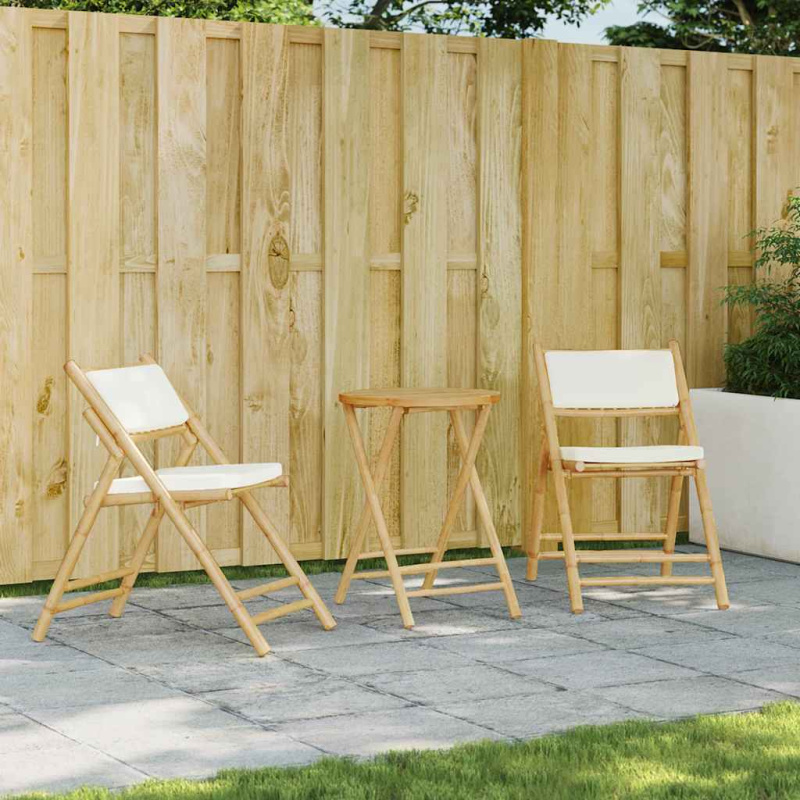 3Dílný Skládací Bistro Set S Krémově Bílými Poduškami Bambus - Tmavě šedá