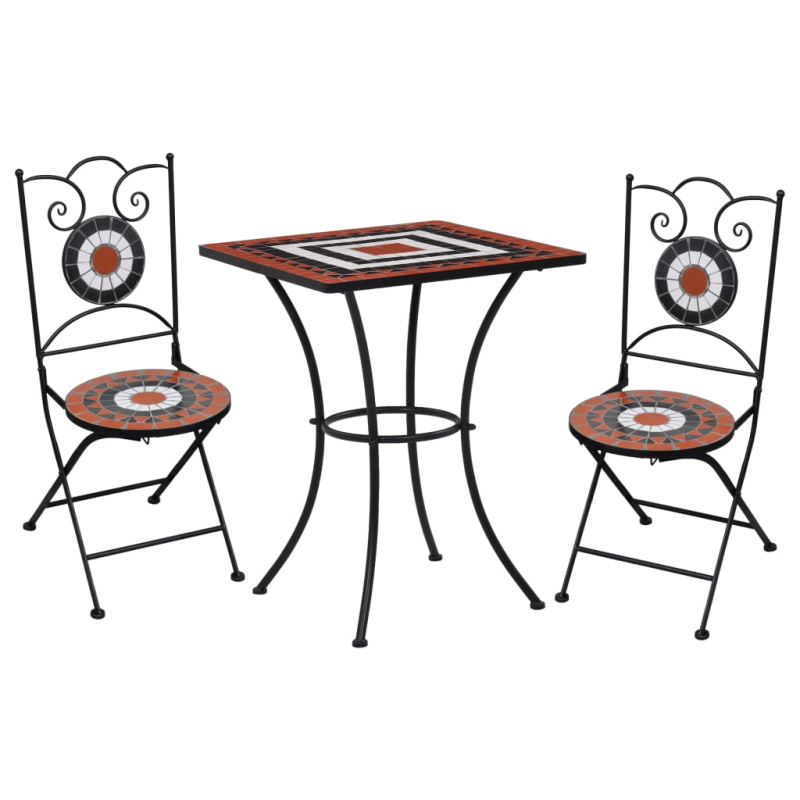 3Dílný Mozaikový Bistro Set Keramický Terakotovo-Bílý - Terakotová a černá / Kulatý stůl