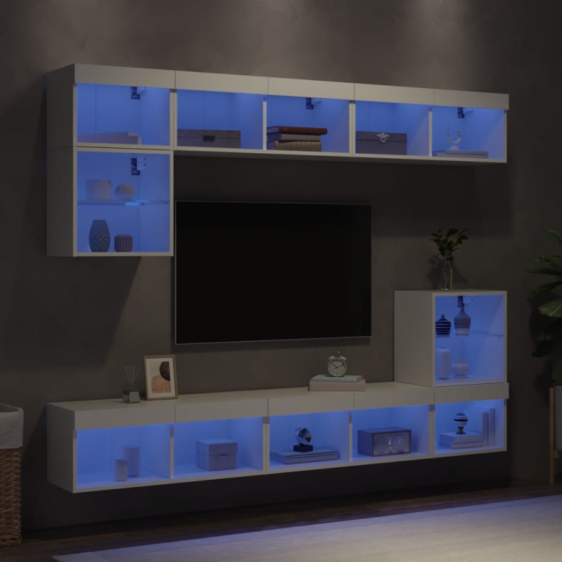 8Dílná Obývací Stěna S Led Osvětlením Kompozitní Dřevo - Bílá