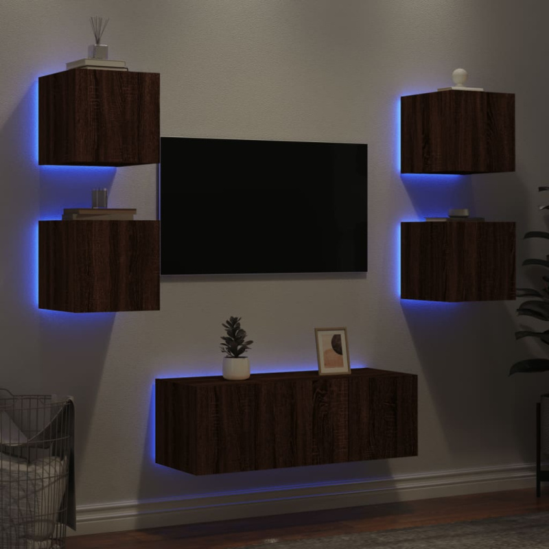 6Dílná Obývací Stěna S Led Kompozitní Dřevo - Hnědý dub