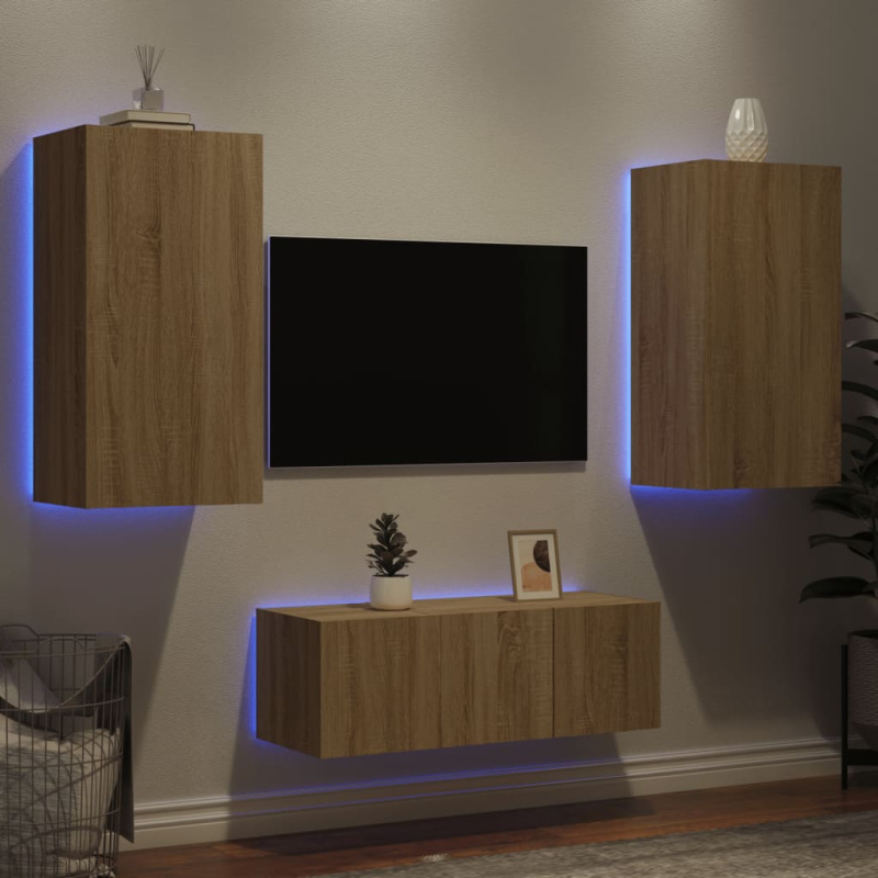 4Dílná Obývací Stěna S Led Kompozitní Dřevo - Hnědý dub