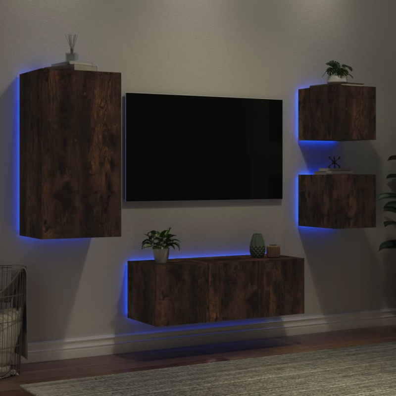 5Dílná Obývací Stěna S Led Kompozitní Dřevo - Kouřový dub