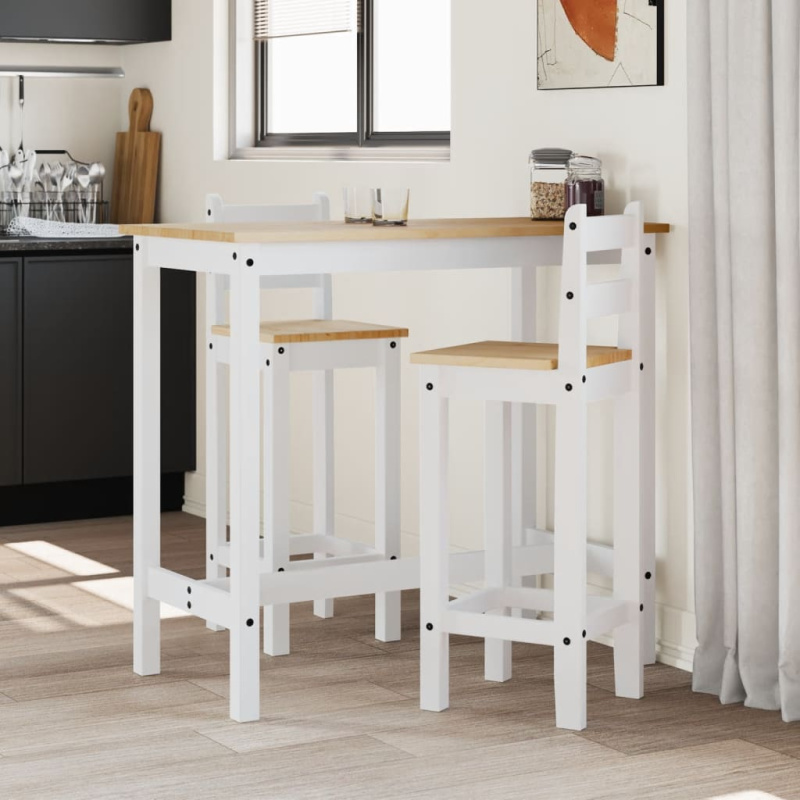 3 Dílný Barový Set Bílý Masivní Borové Dřevo Bílá - 112 cm / Barový stolek   2× barová židle