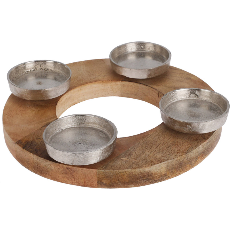 Home Styling Collection Svícen na tealighty z mangového dřeva s táckem a hliníkem, Ø 27 cm hnědá