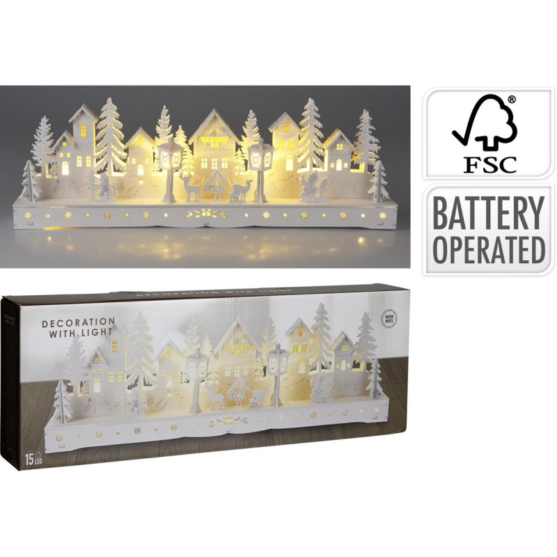 Dřevěná dekorace VESNICE s LED osvětlením