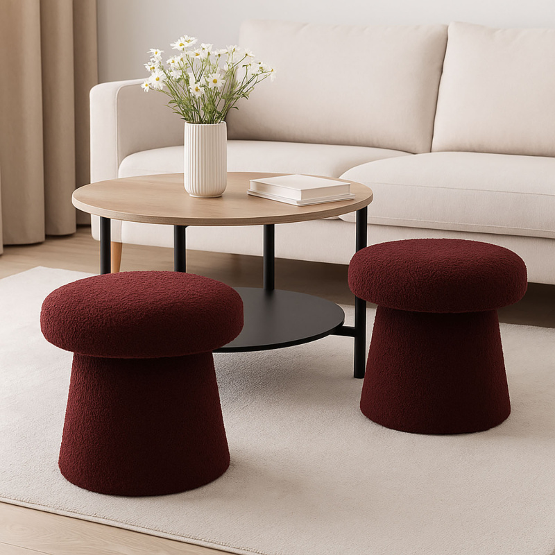 Home Styling Collection Kulatý čalouněný puf TEDDY ve tvaru houby boucle, 43 x 38 cm burgundská