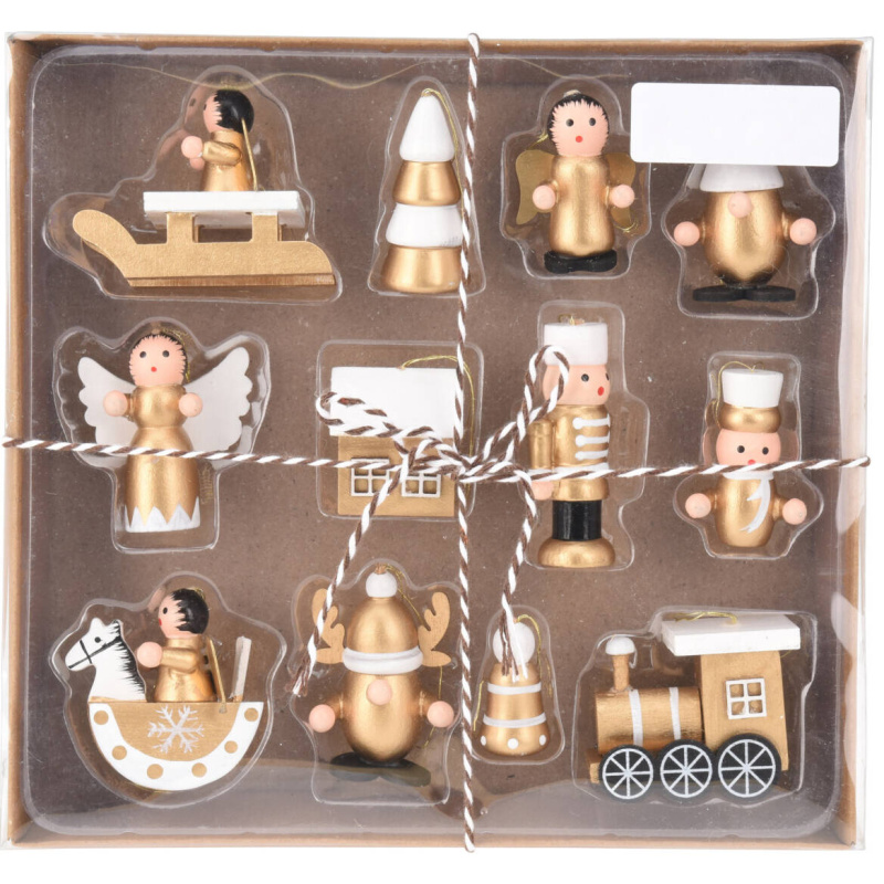 Home Styling Collection Sada dřevěných vánočních ozdob, 12 ks, zlaté béžová