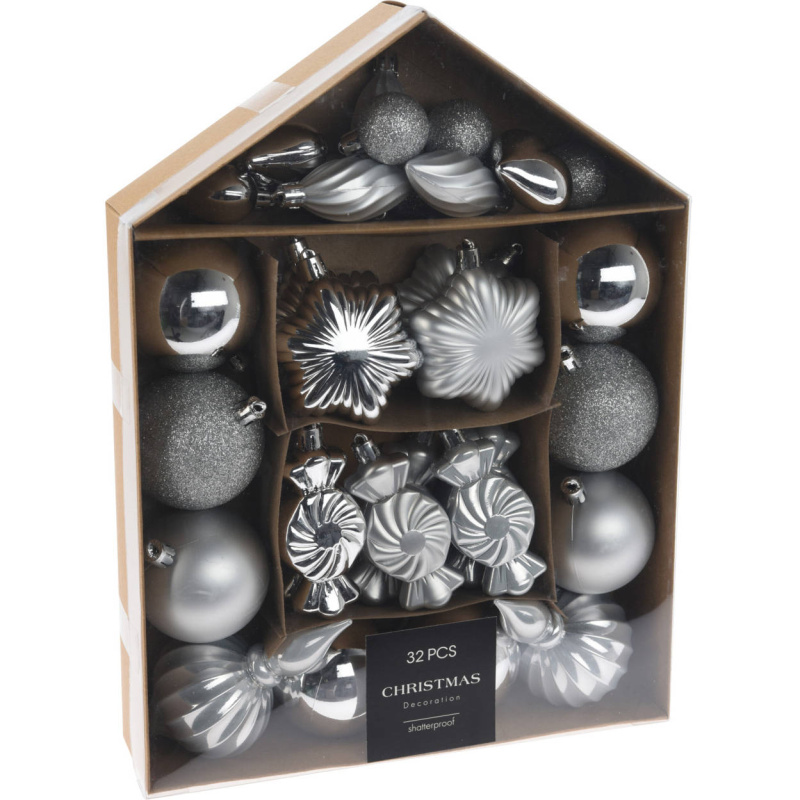 Home Styling Collection Sada ozdobných koulí v různých tvarech, 32 ks stříbrná