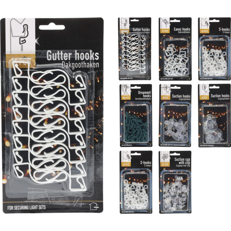 Háčky a přísavky pro připevnění světelných řetězů, různé druhy