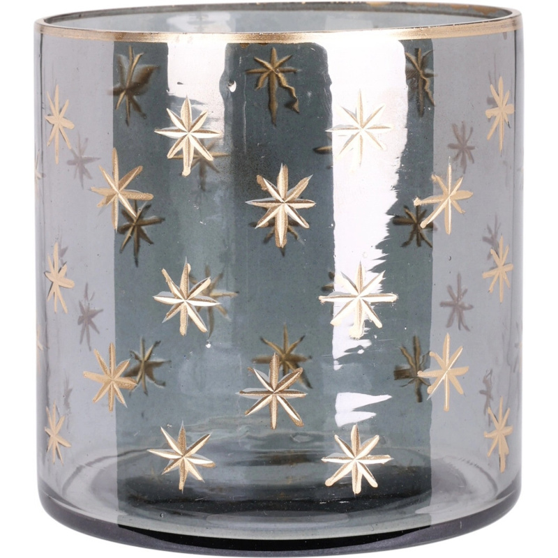 Skleněný svícen na čajovou svíčku s potiskem hvězd, modrá/zlatá, pr. 10 x 10 cm