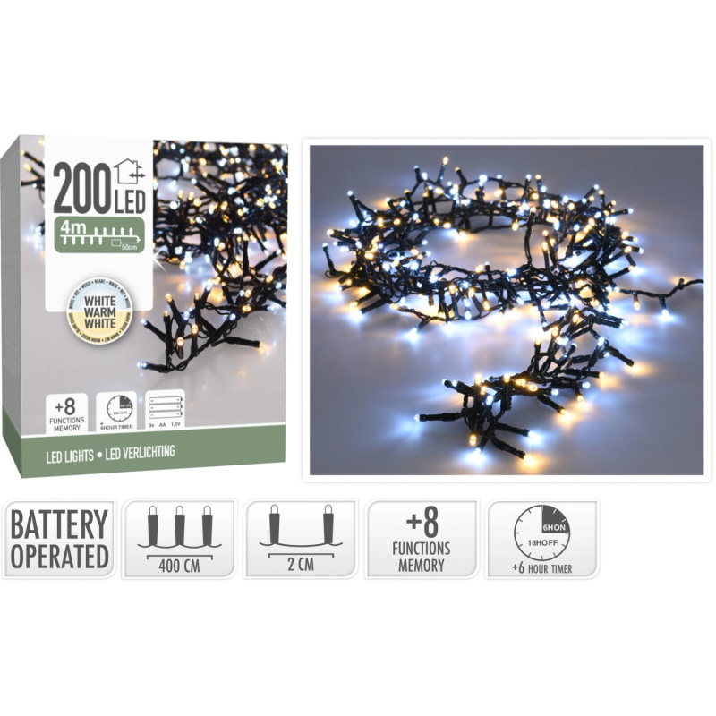 Světelný řetěz na baterie 200 LED teplá/studená bílá, zelený kabel, 4 m