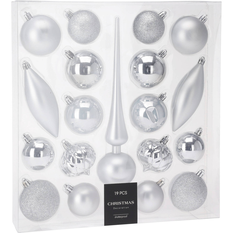 Home Styling Collection Sada ozdobných koulí různých tvarů s špičkou na vánoční stromek, 19 ks stříbrná