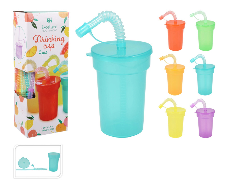 Plastový kelímek s víčkem a brčkem 380 ml, mix barev, sada 6 ks