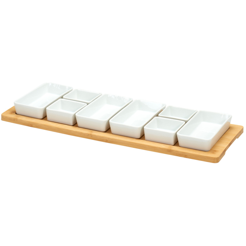 Home Styling Collection Porcelánové mističky na pochutiny AION, 9 kusů na bambusovém podnose bílý