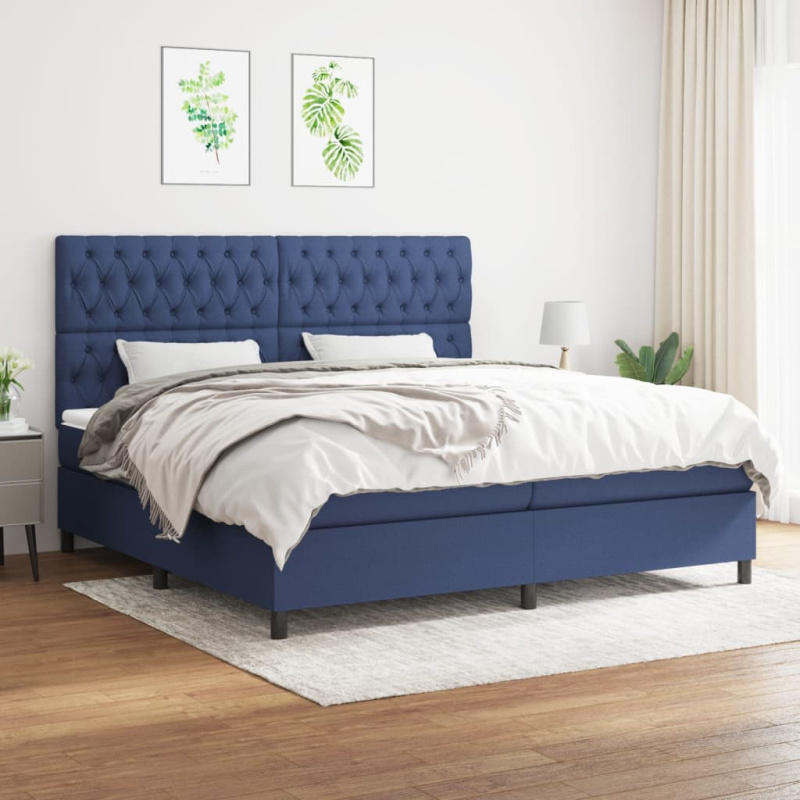 Box Spring Postel S Matrací Textil Modrá - Blok se čtverci / 120 x 190 cm