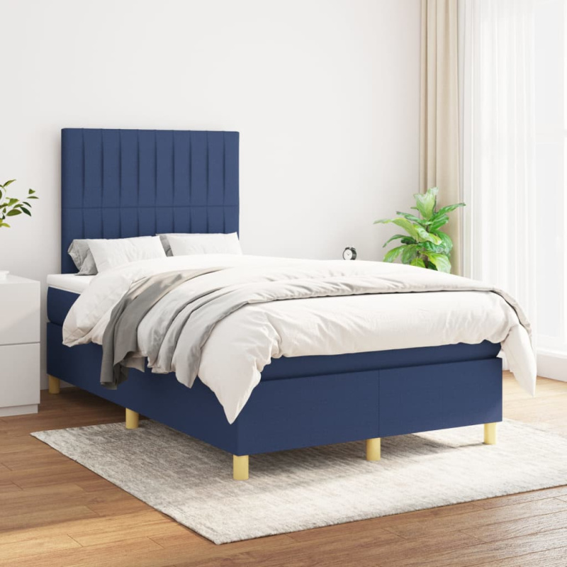 Box Spring Postel S Matrací Textil Modrá - Blok se čtverci / 120 x 190 cm