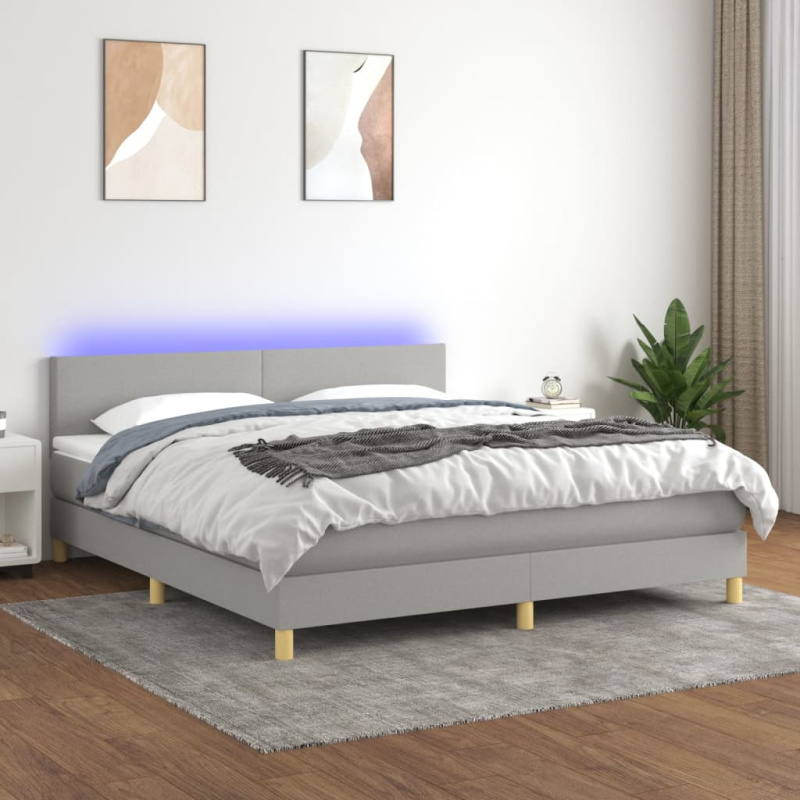 Box Spring Postel S Matrací A Led Textil Světle Šedá - Blok se čtverci / 120 x 190 cm