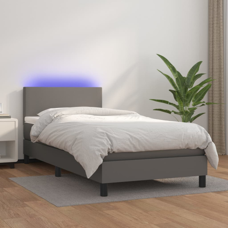 Box Spring Postel S Matrací A Led Šedá Umělá Kůže Šedá - Hladký design / 120 x 190 cm