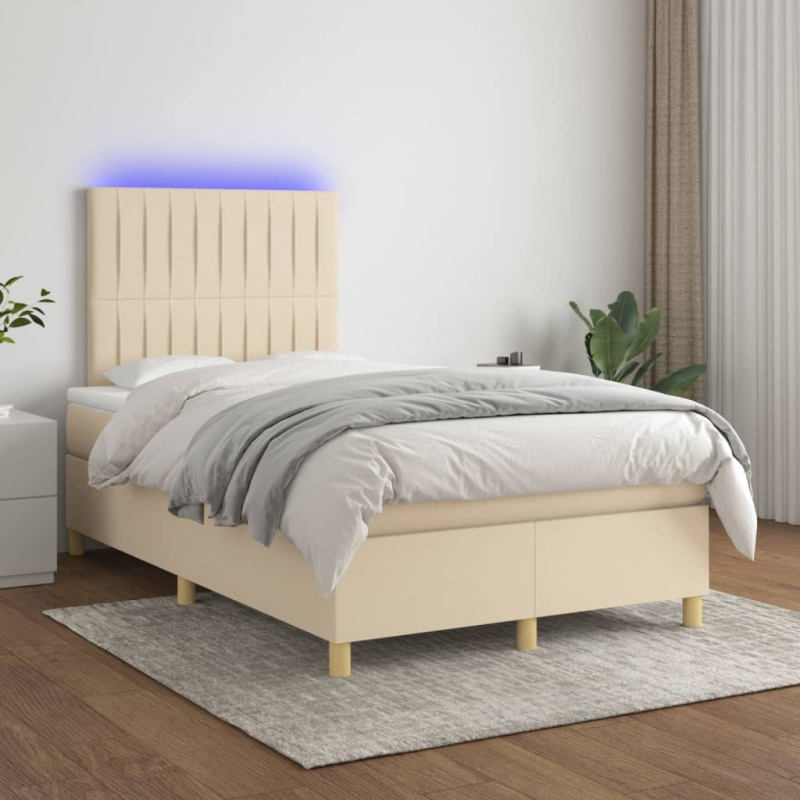 Box Spring Postel S Matrací A Led Textil Krémová - Hladký design / 120 x 190 cm