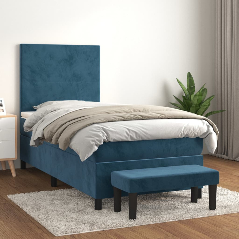 Box Spring Postel S Matrací Tmavě Modrá Samet Tmavě Moddrá - Blok se čtverci / 120 x 190 cm