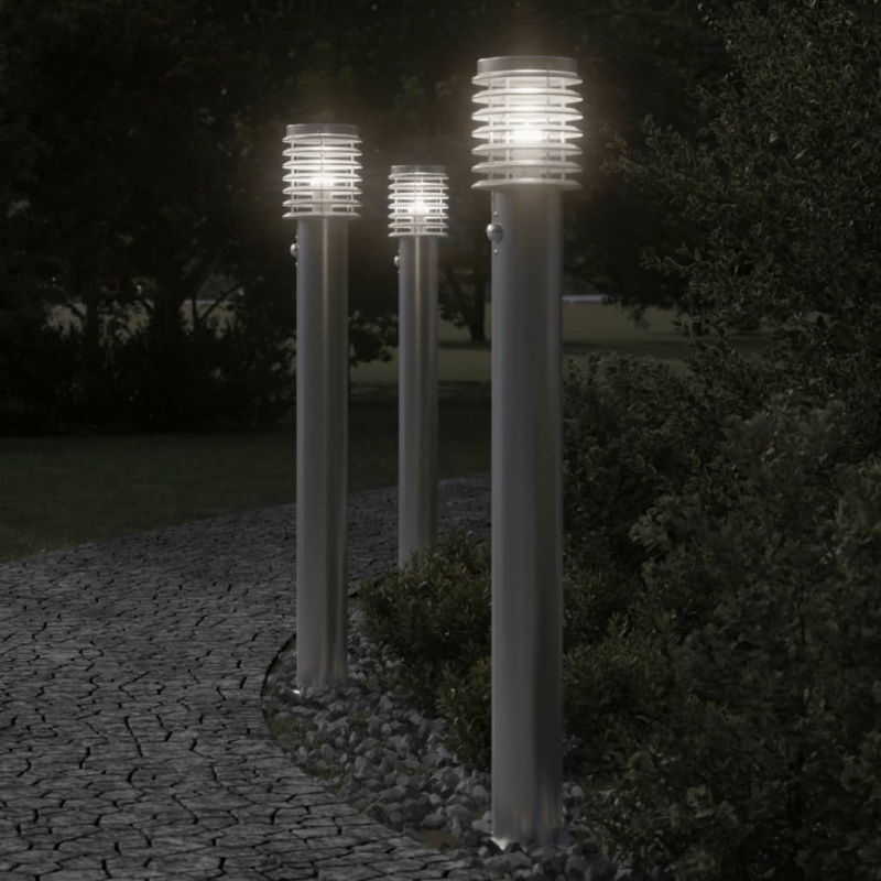Venkovní Stojací Lampy S Čidly 3 Ks Stříbrné 110 Cm Ocel Stříbrná - Standardní / 3 / 1