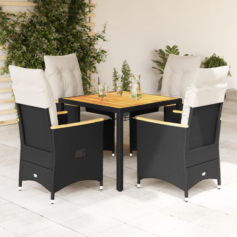 5Dílný Zahradní Jídelní Set S Poduškami Černý Polyratan - pe rattan and wood / 6 / 190 x 90 x 75 cm