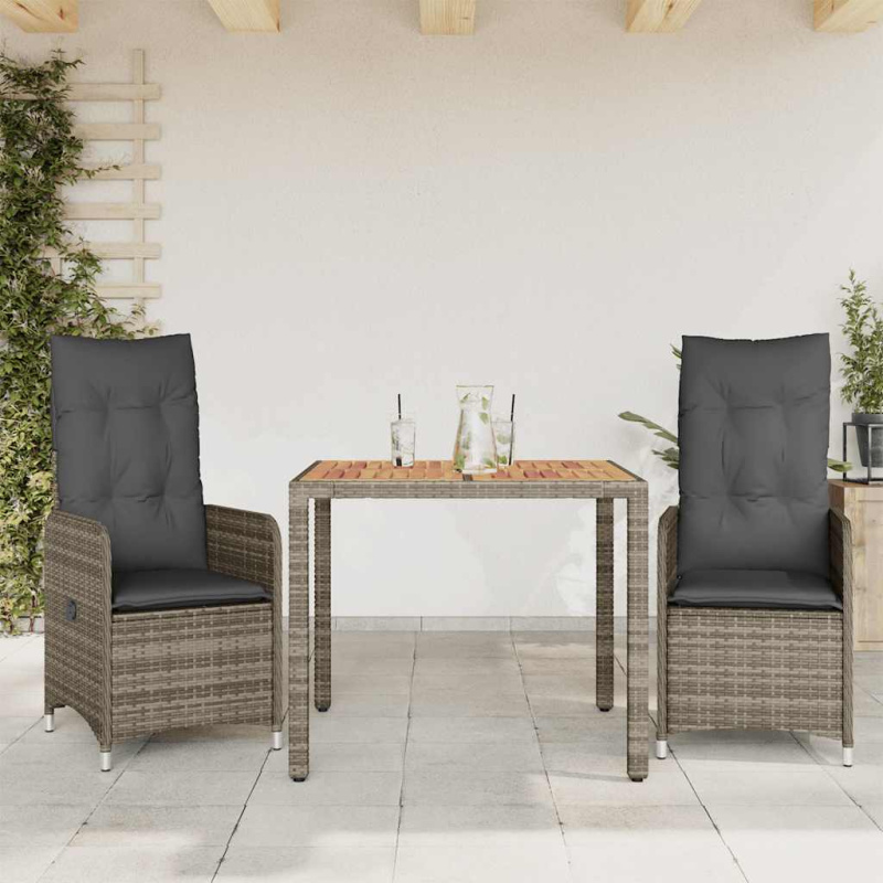 3Dílný Zahradní Bistro Set S Poduškami Šedý Polyratan - bez opěrky na nohy / 4 / 90 x 90 x 75 cm