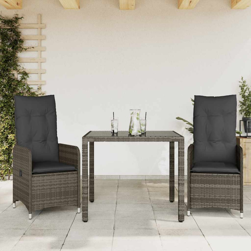 3Dílný Zahradní Bistro Set S Poduškami Šedý Polyratan - bez opěrky na nohy / 8 / 190 x 80 x 75 cm