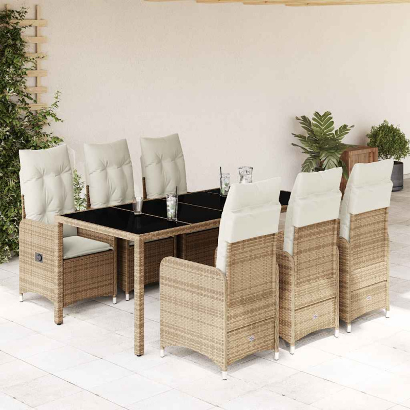 7Dílný Zahradní Bistro Set S Poduškami Béžový Polyratan - bez opěrky na nohy / 8 / 190 x 90 x 75 cm