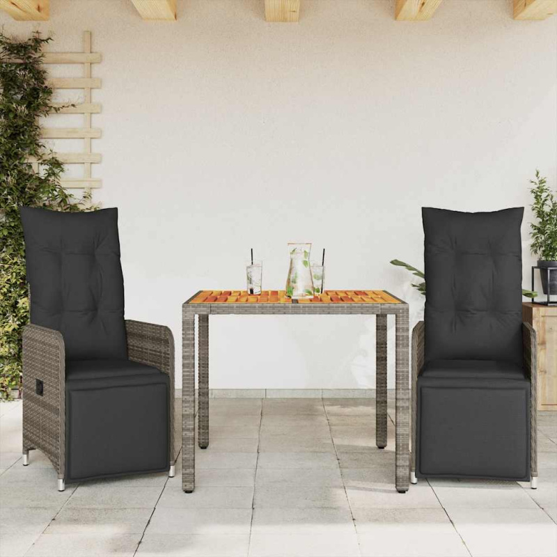 3Dílný Zahradní Bistro Set S Poduškami Šedý Polyratan - Sklo / 6 / 190 x 80 x 75 cm