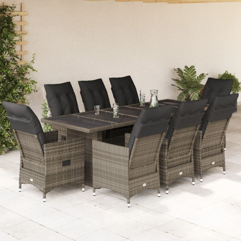 9Dílný Zahradní Bistro Set S Poduškami Šedý Polyratan - Sklo / bez opěrky na nohy / 8