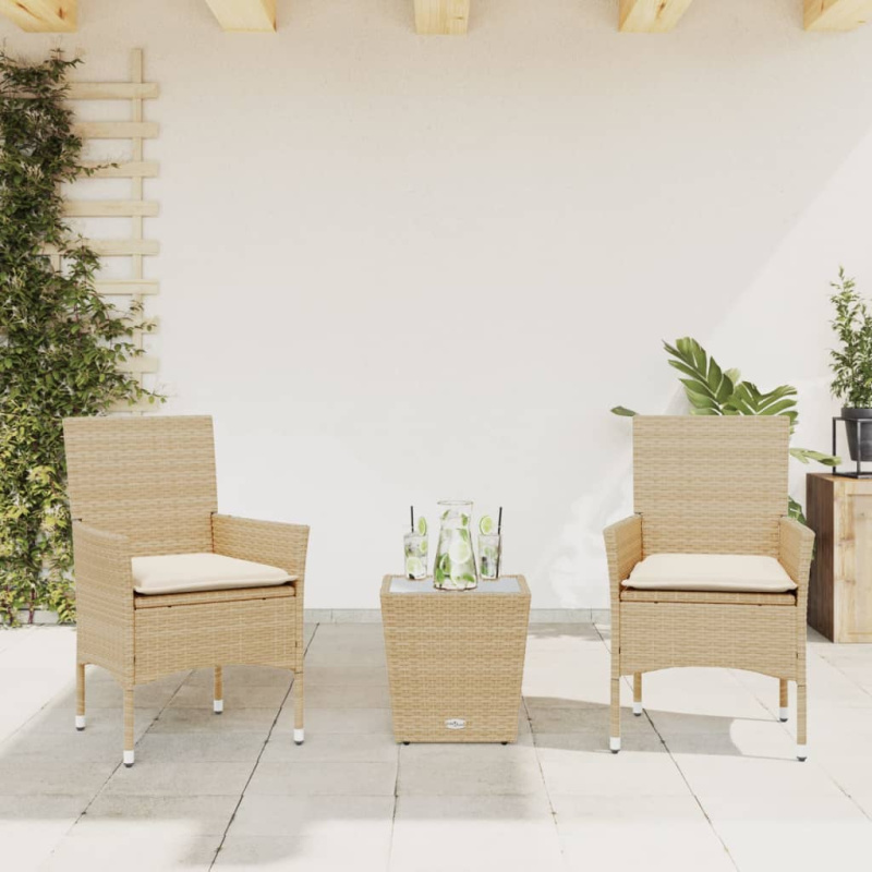 3Dílný Bistro Set S Poduškami Béžový Polyratan A Sklo - Černá a krémová / Ratanové područky