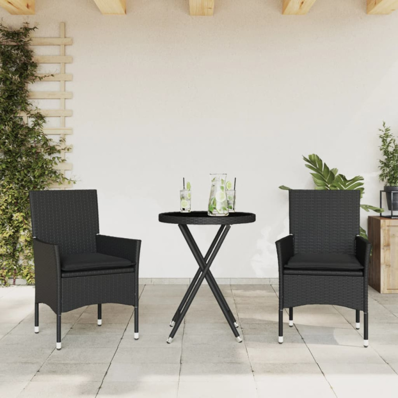 3Dílný Bistro Set S Poduškami Černý Polyratan A Sklo - béžová a šedá / Ratanové područky