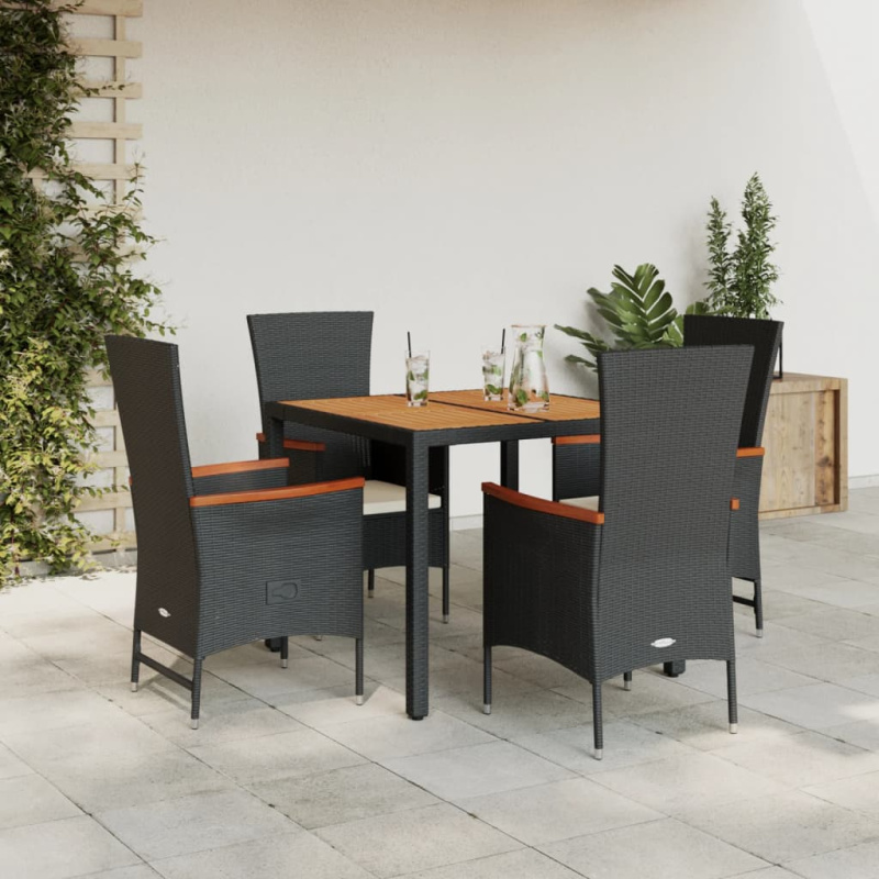 5Dílný Zahradní Jídelní Set S Poduškami Černý Polyratan - židle   polohovací židle / 4 / 90 cm dlouhý stůl