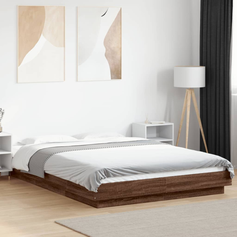 Rám Postele S Led Osvětlením Hnědý Dub Kompozit - Betonová šedá / 135 x 190 cm