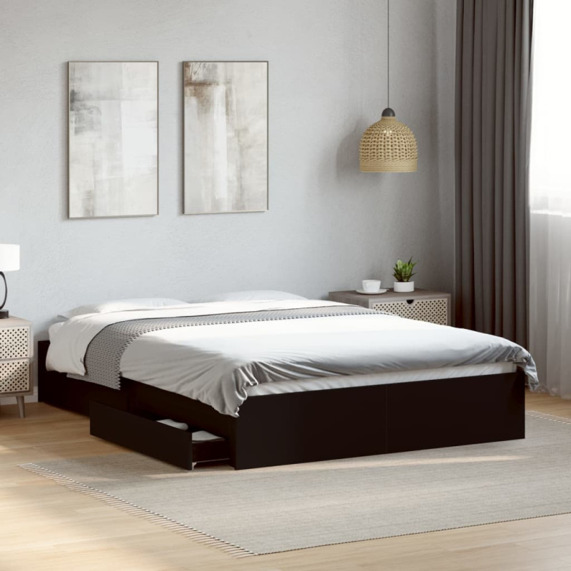 Rám Postele Se Zásuvkami Černý Kompozitní Dřevo - Hnědý dub / 75 x 190 cm