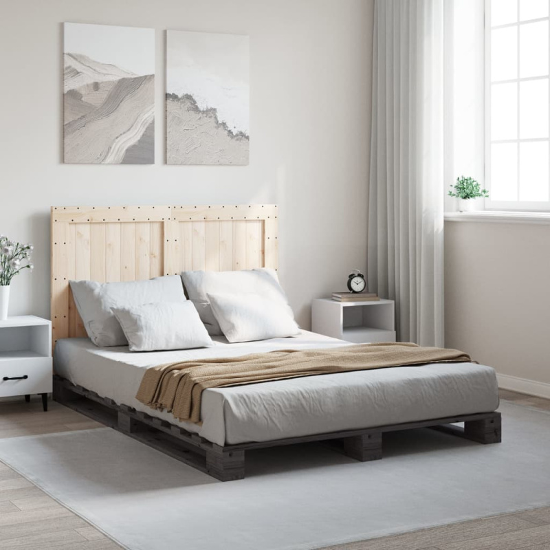 Rám Postele S Čelem Šedý Masivní Borové Dřevo Šedá - with plain headboard / 140 x 200 cm