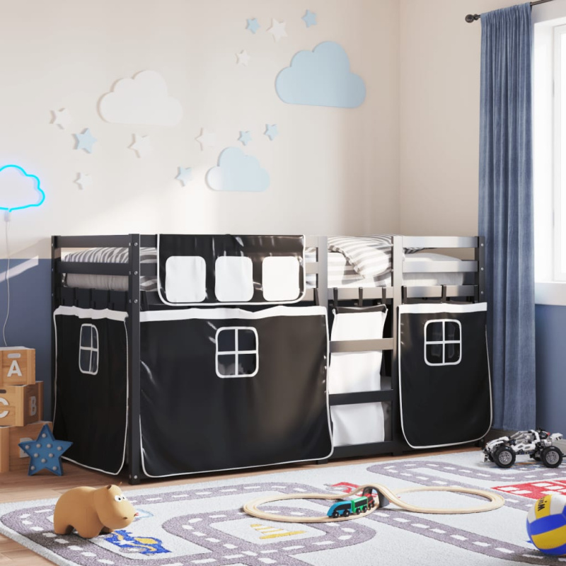 Dětská Patrová Postel Se Závěsy Bílá A Černá Borovice - bílá a růžová / 90 x 190 cm