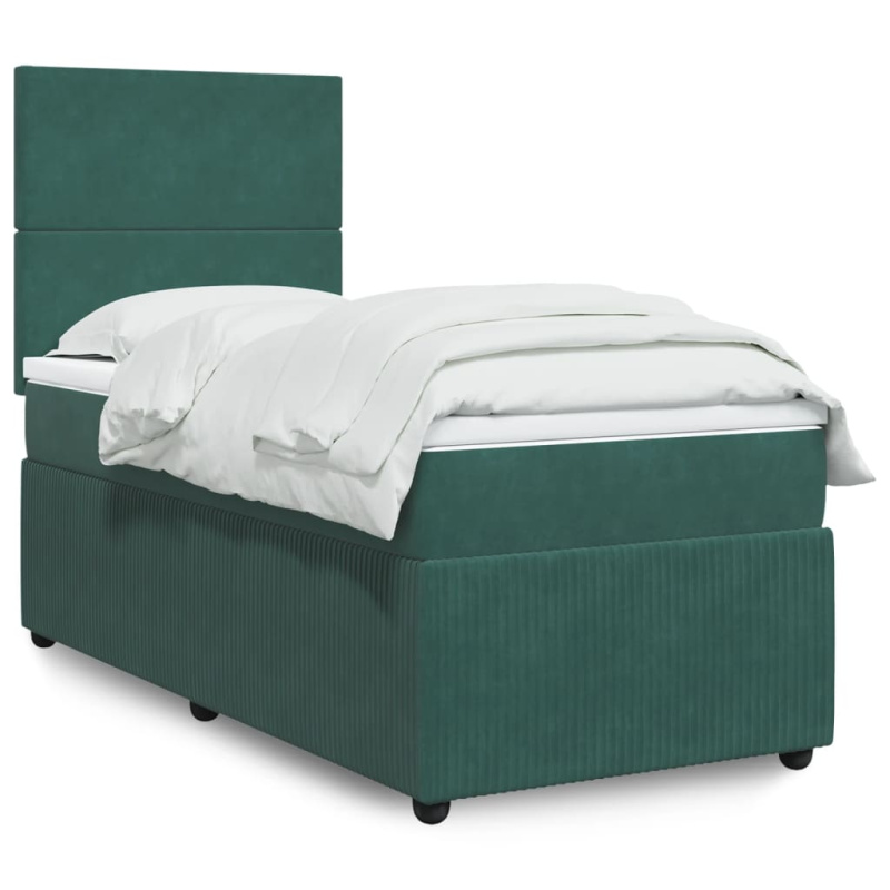 Box Spring Postel S Matrací Samet Tmavě Zelená - Blok se čtverci / 140 x 200 cm