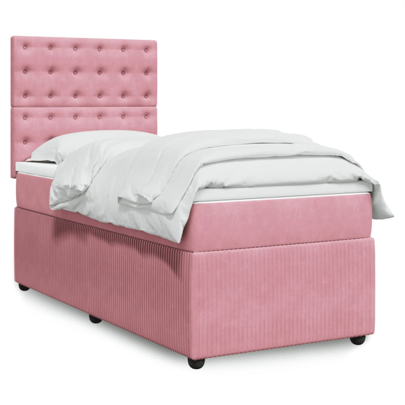 Box Spring Postel S Matrací Samet Růžová - Blok se čtverci / 120 x 190 cm