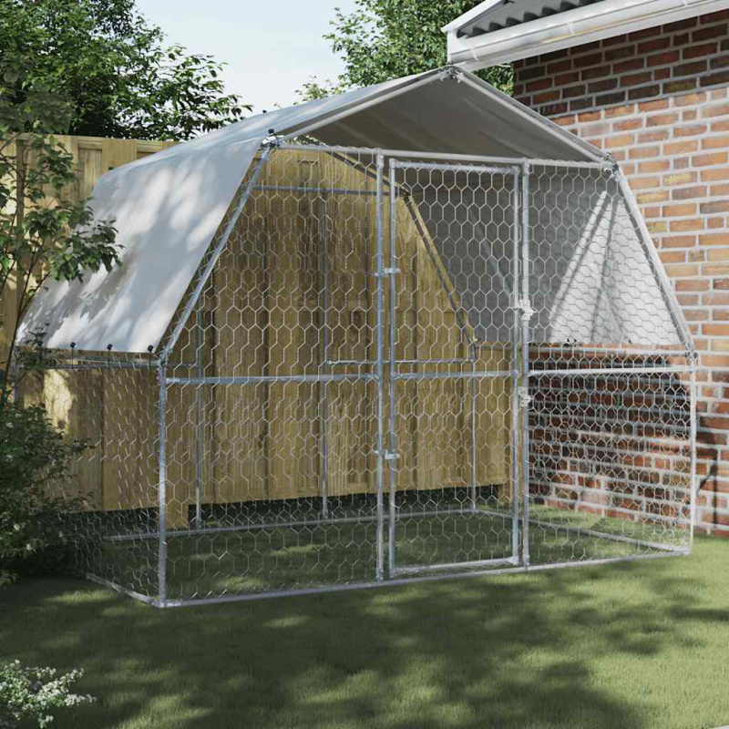 Kotec Pro Psy Se Střechou A Dvířky Stříbrný Pozinkovaná Ocel - 375 x 285 x 230 cm