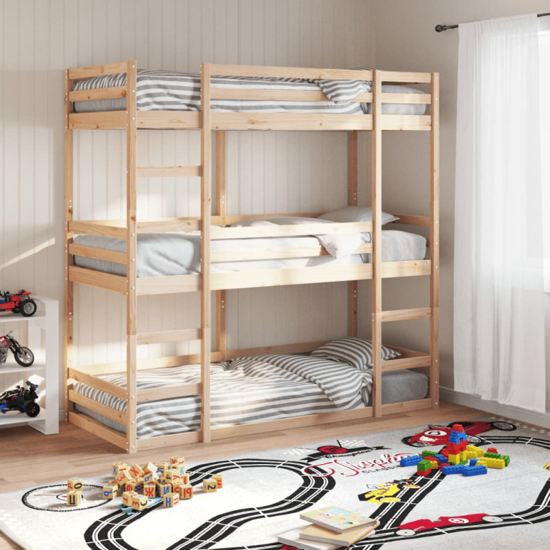 Třípatrová Postel Masivní Borové Dřevo - Přírodní / 80 x 200 cm