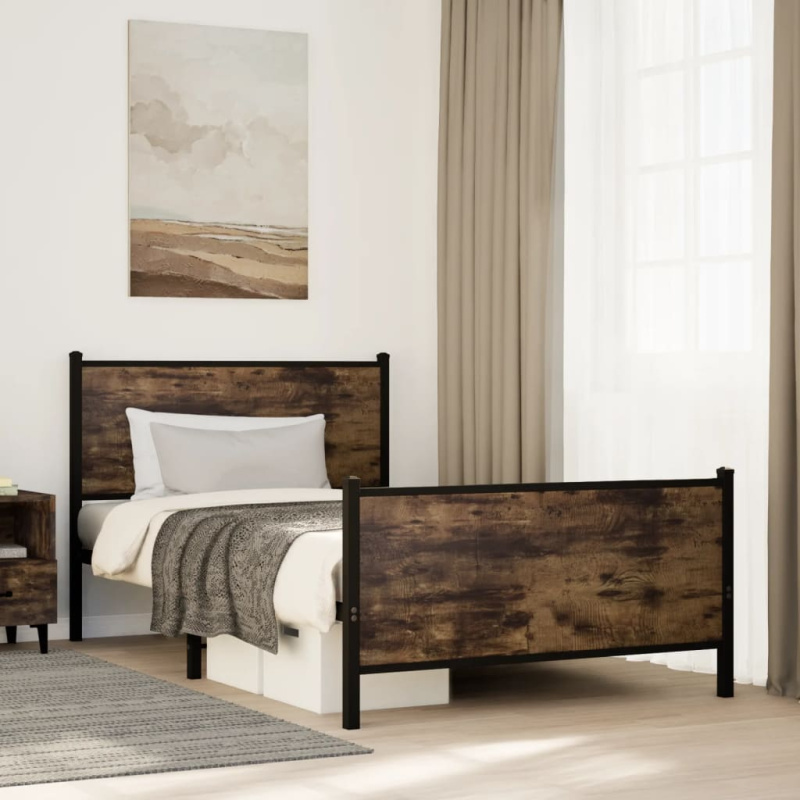 Kovový Rám Postele Bez Matrace Kouřový Dub - s čelem za hlavou a vysokým čelem u nohou / 193 x 203 cm