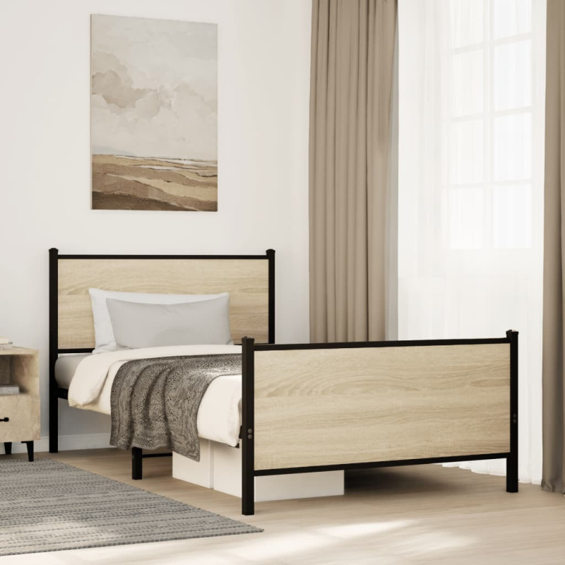 Kovový Rám Postele Bez Matrace Dub Sonoma - s čelem za hlavou a vysokým čelem u nohou / 193 x 203 cm