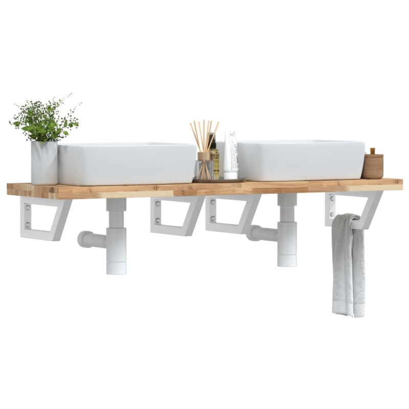 Deska Pod Umyvadlo Nástěnná Ocel A Masivní Akáciové Dřevo Hnědá A Bílá - Obdélník / 80 x 40 x 2 cm
