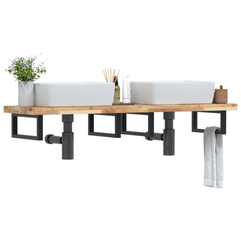 Deska Pod Umyvadlo Nástěnná Ocel A Masivní Akáciové Dřevo Hnědo-Černá - lichoběžník / 80 x 40 x 2 cm