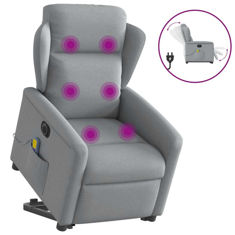 Elektrické Zvedací Masážní Polohovací Křeslo Světle Šedé Textil Světle Šedá - Elektrické zatlačení zpět / Ano