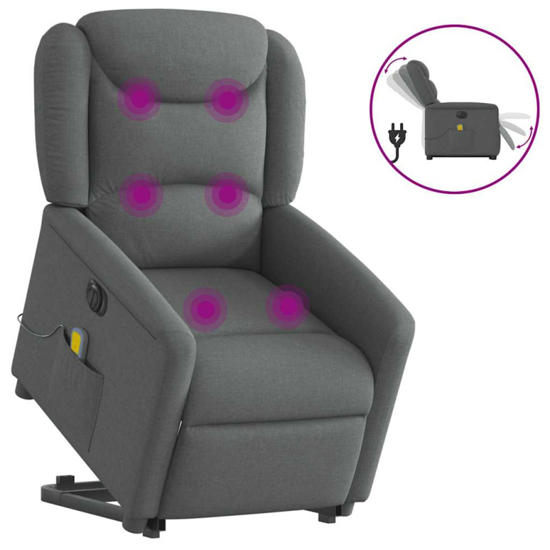 Elektrické Zvedací Masážní Polohovací Křeslo Tmavě Šedé Textil Tmavě Šedá - Elektrické zatlačení zpět / Ano