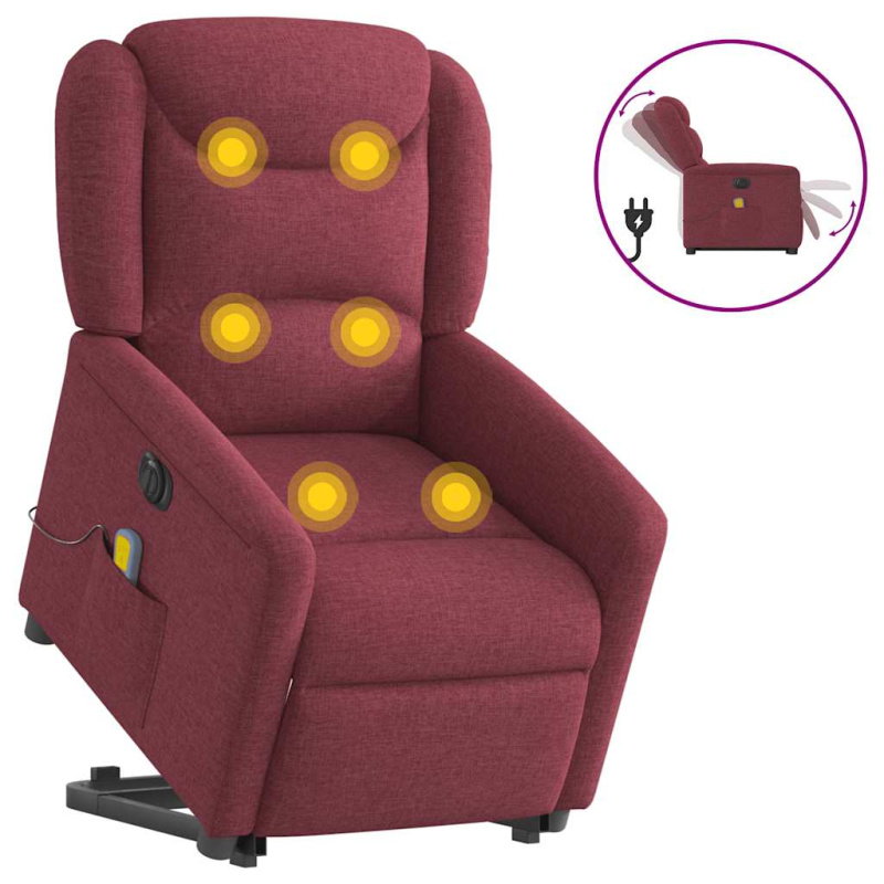 Elektrické Zvedací Masážní Polohovací Křeslo Vínové Textil Vínová Červená - Elektrické zatlačení zpět / Ano